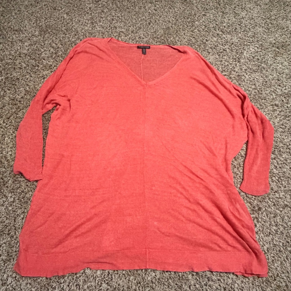Eileen Fisher Womens XL Coral Pink 100% Linen V-Neck Oversized Knit Sweater